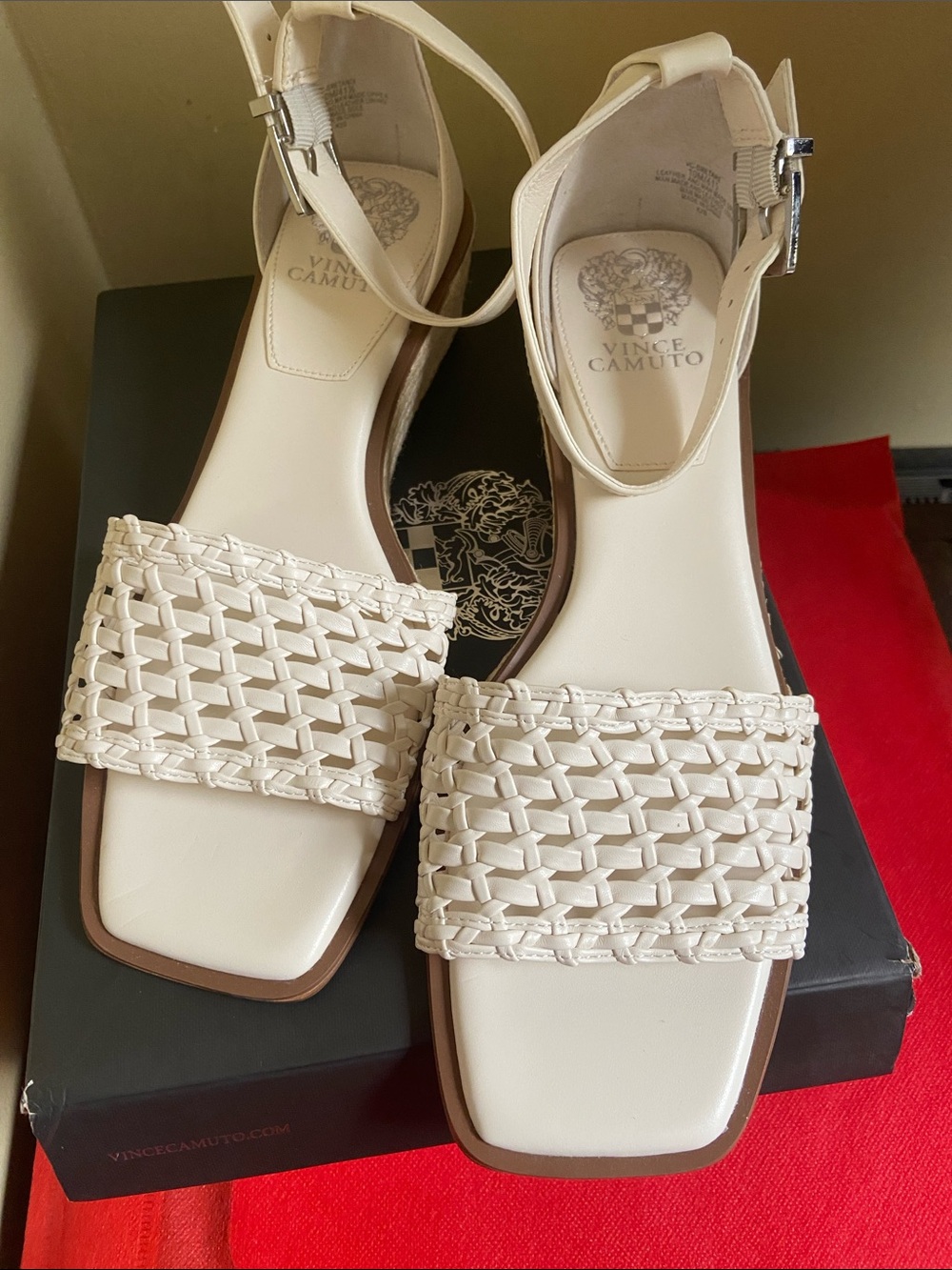 Vince Camuto Cream Woven Ankle-Strap Sandals with Square Toe
